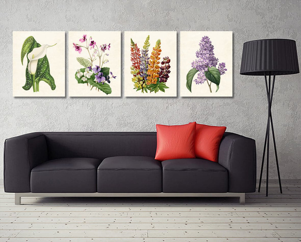 Framed 4 Panels - White Calla Lily, African Violets Printable, Multi-Color-Lupine, Purple-Lilacs