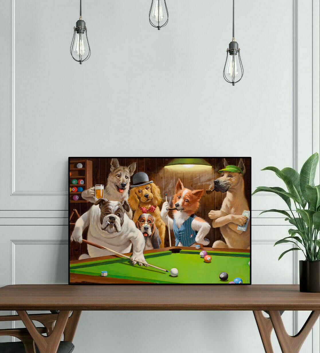 Modern Animal Canvas Wall Art Print Poster | Home Decor | Stretched 1 Panel - Dogs Playing Pool
