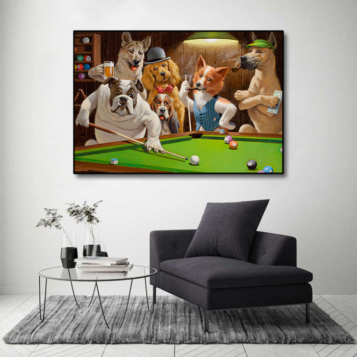 Modern Animal Canvas Wall Art Print Poster | Home Decor | Stretched 1 Panel - Dogs Playing Pool