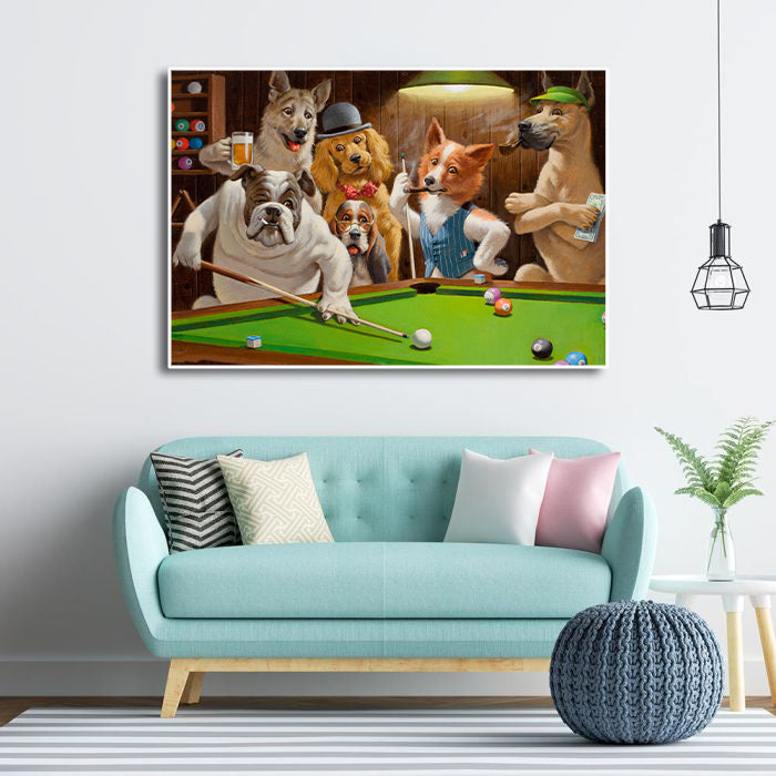 Modern Animal Canvas Wall Art Print Poster | Home Decor | Stretched 1 Panel - Dogs Playing Pool