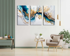 Framed 3 Panels - Light Blue Azure Tones with Golden Marble