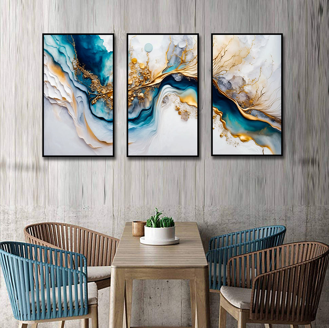 Framed 3 Panels - Light Blue Azure Tones with Golden Marble