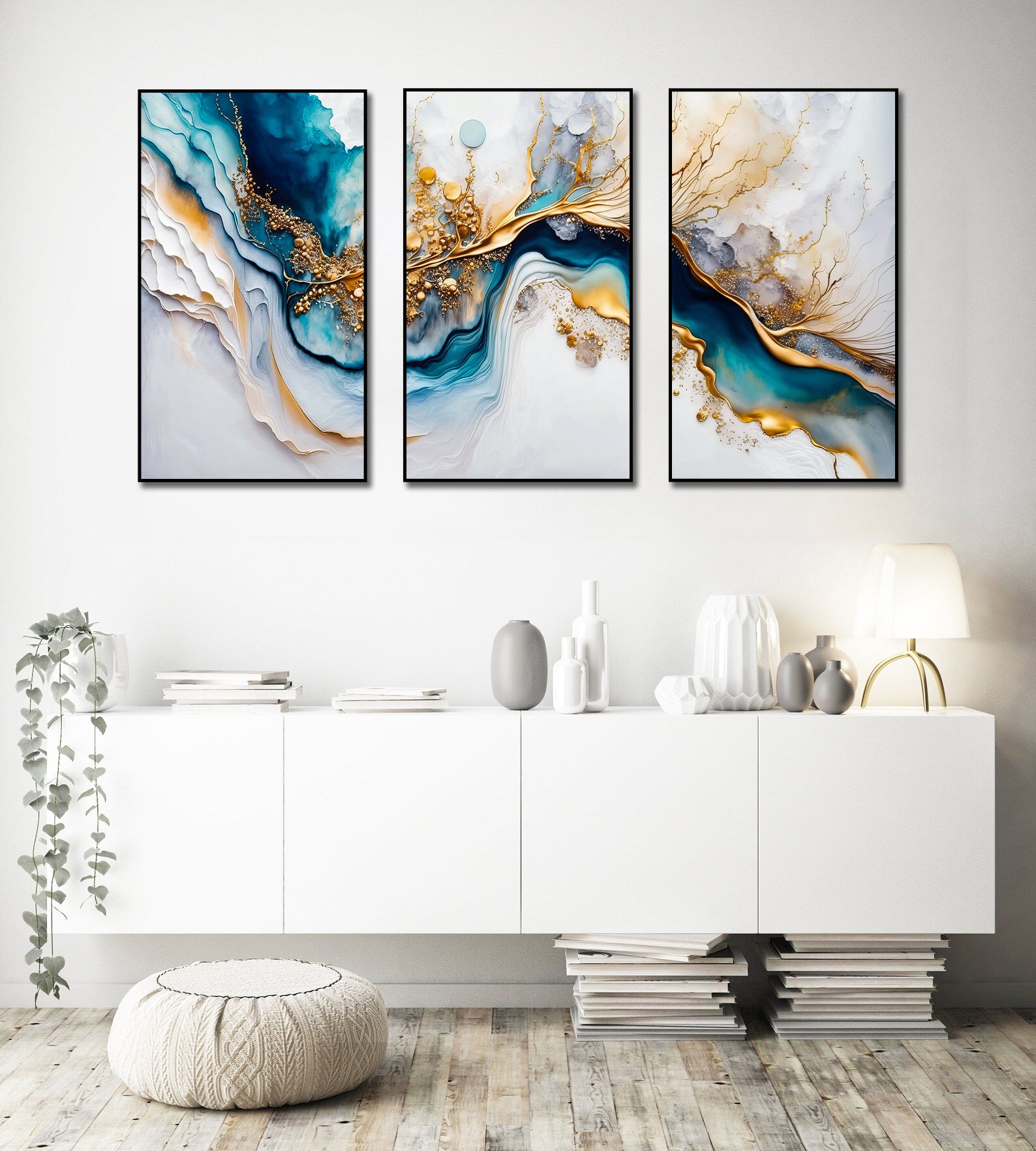 Framed 3 Panels - Light Blue Azure Tones with Golden Marble