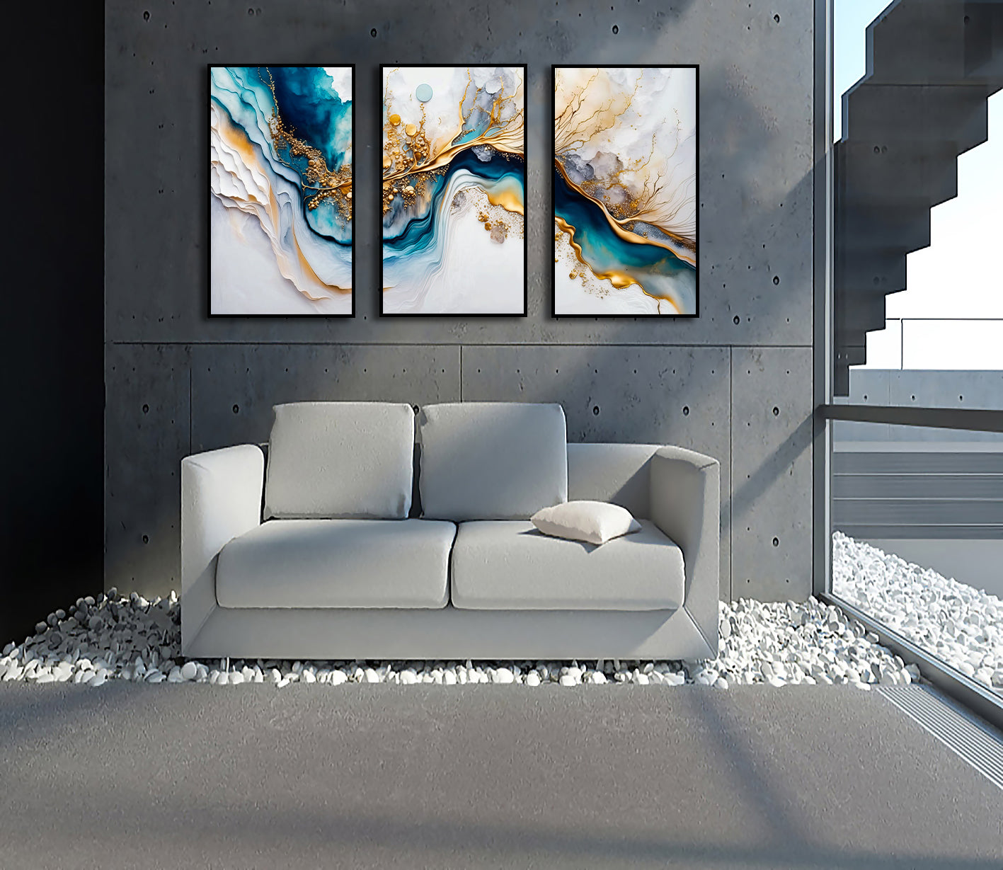 Framed 3 Panels - Light Blue Azure Tones with Golden Marble