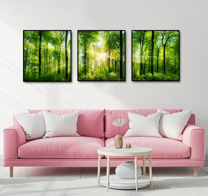Modern Botanical Canvas Wall Art Print Poster | Home Decor | Stretched 3 Panels - Forest panorama with rays of sunlight
