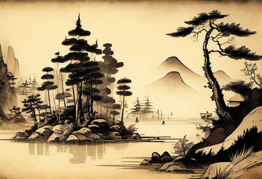 Pine Stretched  Framed 1 Panel - Watercolor - Japanese Art