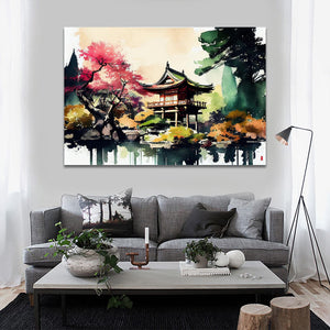 Pine Stretched  Framed 1 Panel - Watercolor - Japanese Art
