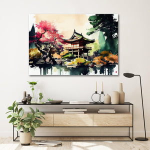 Pine Stretched  Framed 1 Panel - Watercolor - Japanese Art