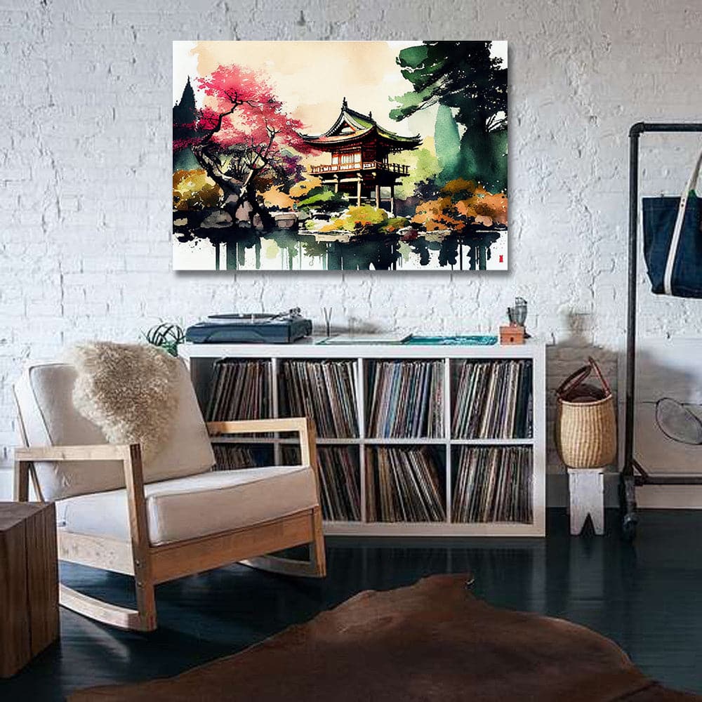 Pine Stretched  Framed 1 Panel - Watercolor - Japanese Art