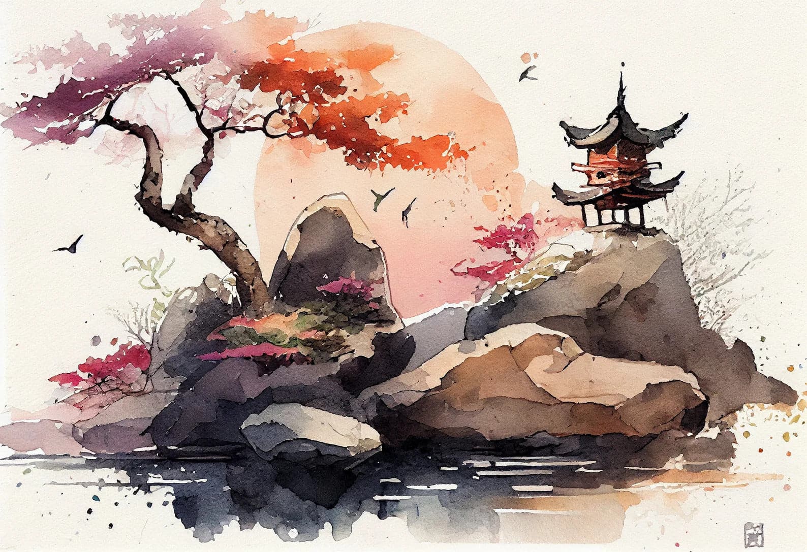 Pine Stretched  Framed 1 Panel - Watercolor - Japanese Art