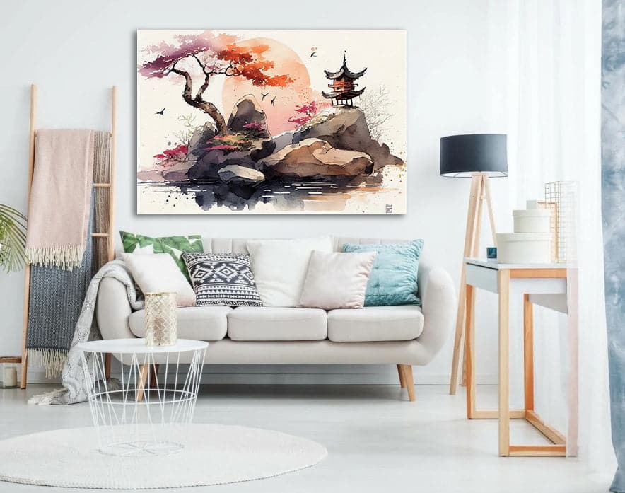 Pine Stretched  Framed 1 Panel - Watercolor - Japanese Art