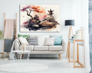 Pine Stretched  Framed 1 Panel - Watercolor - Japanese Art