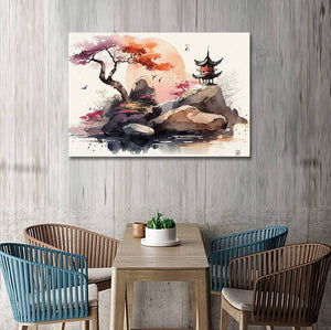 Pine Stretched  Framed 1 Panel - Watercolor - Japanese Art