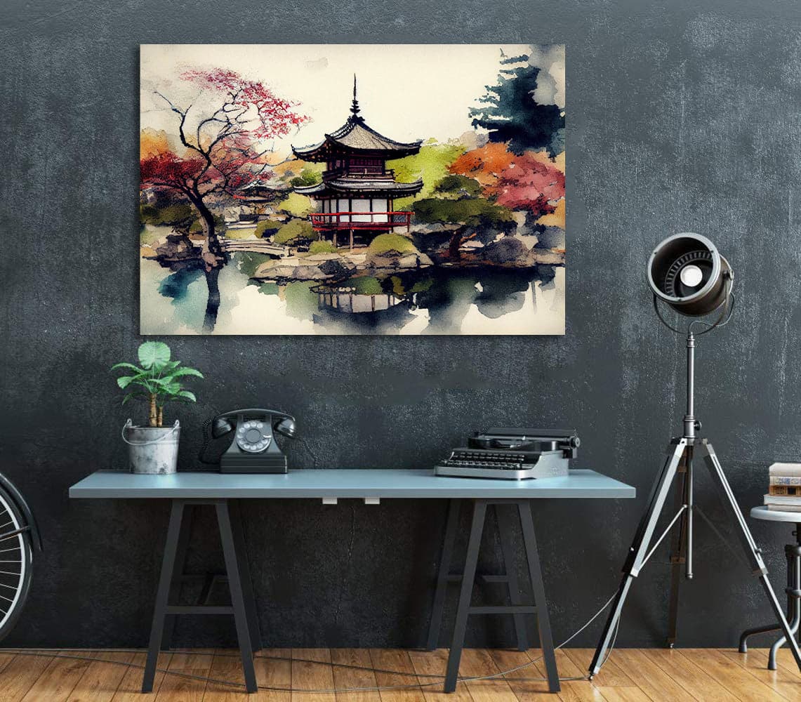 Pine Stretched  Framed 1 Panel - Watercolor - Japanese Art