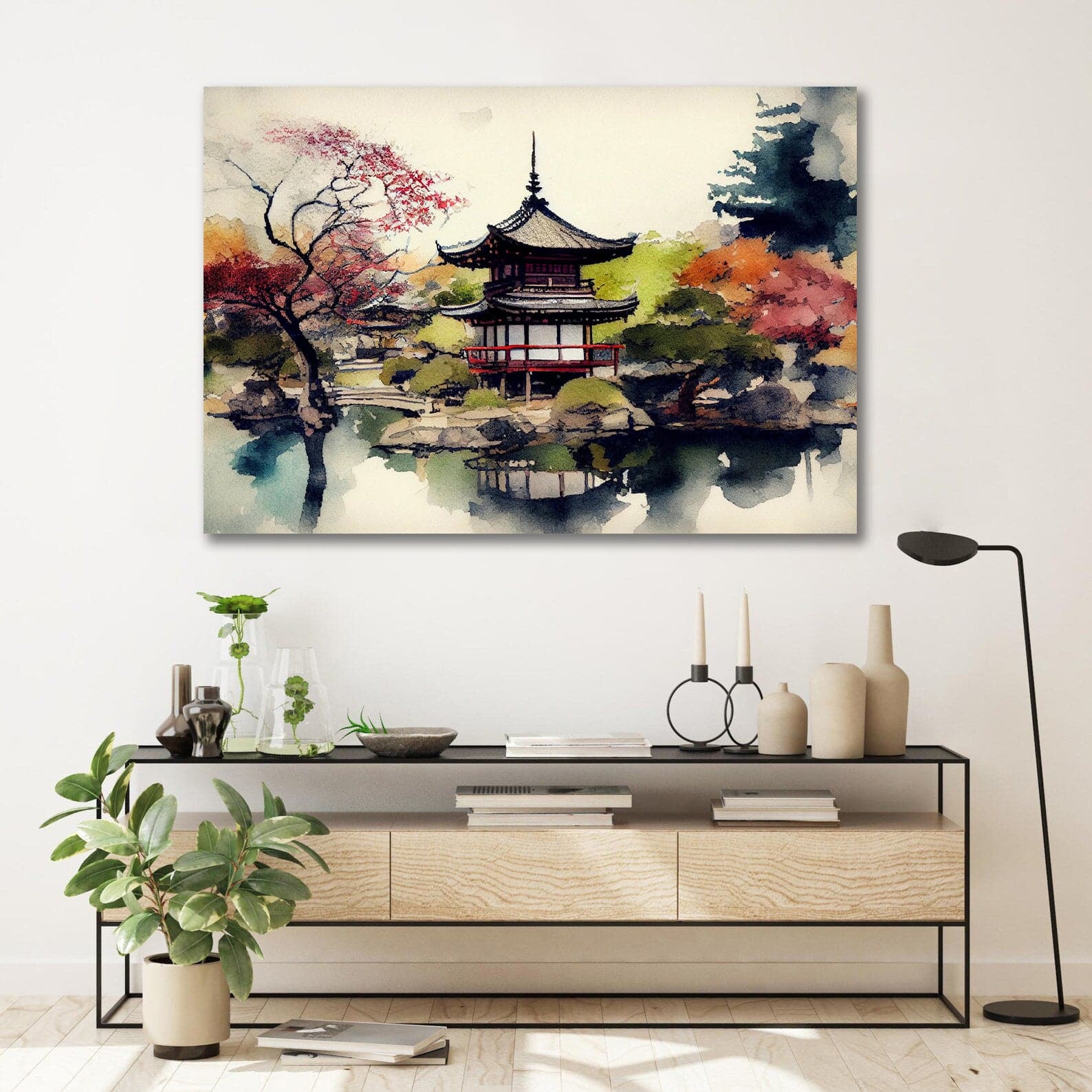 Pine Stretched  Framed 1 Panel - Watercolor - Japanese Art