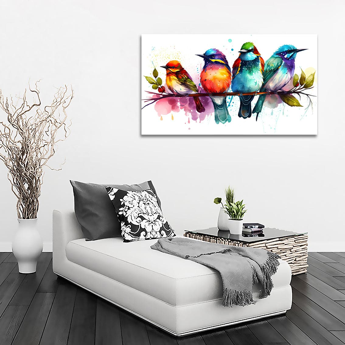 Pine Stretched  Framed 1 Panel - Watercolor - Birds