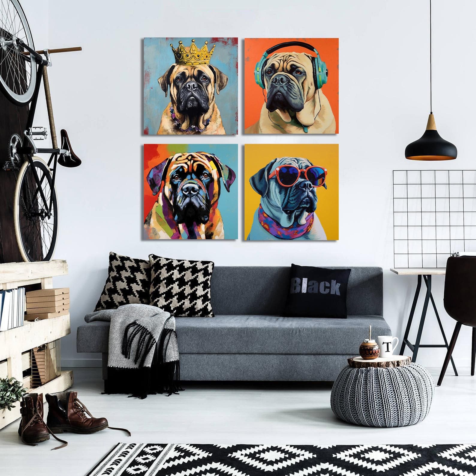 Pine Stretched  Framed 4 Panels - English Mastiff