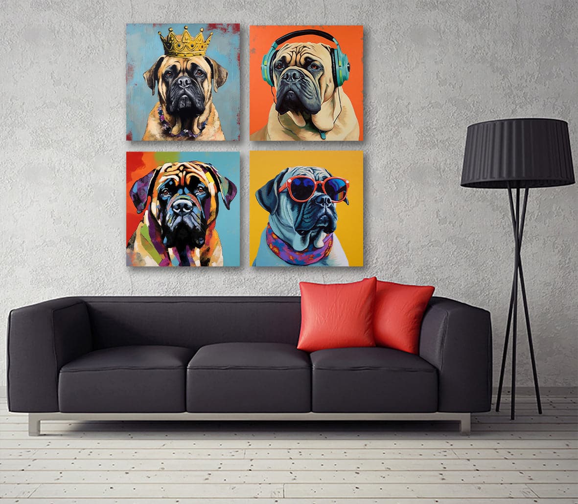 Pine Stretched  Framed 4 Panels - English Mastiff