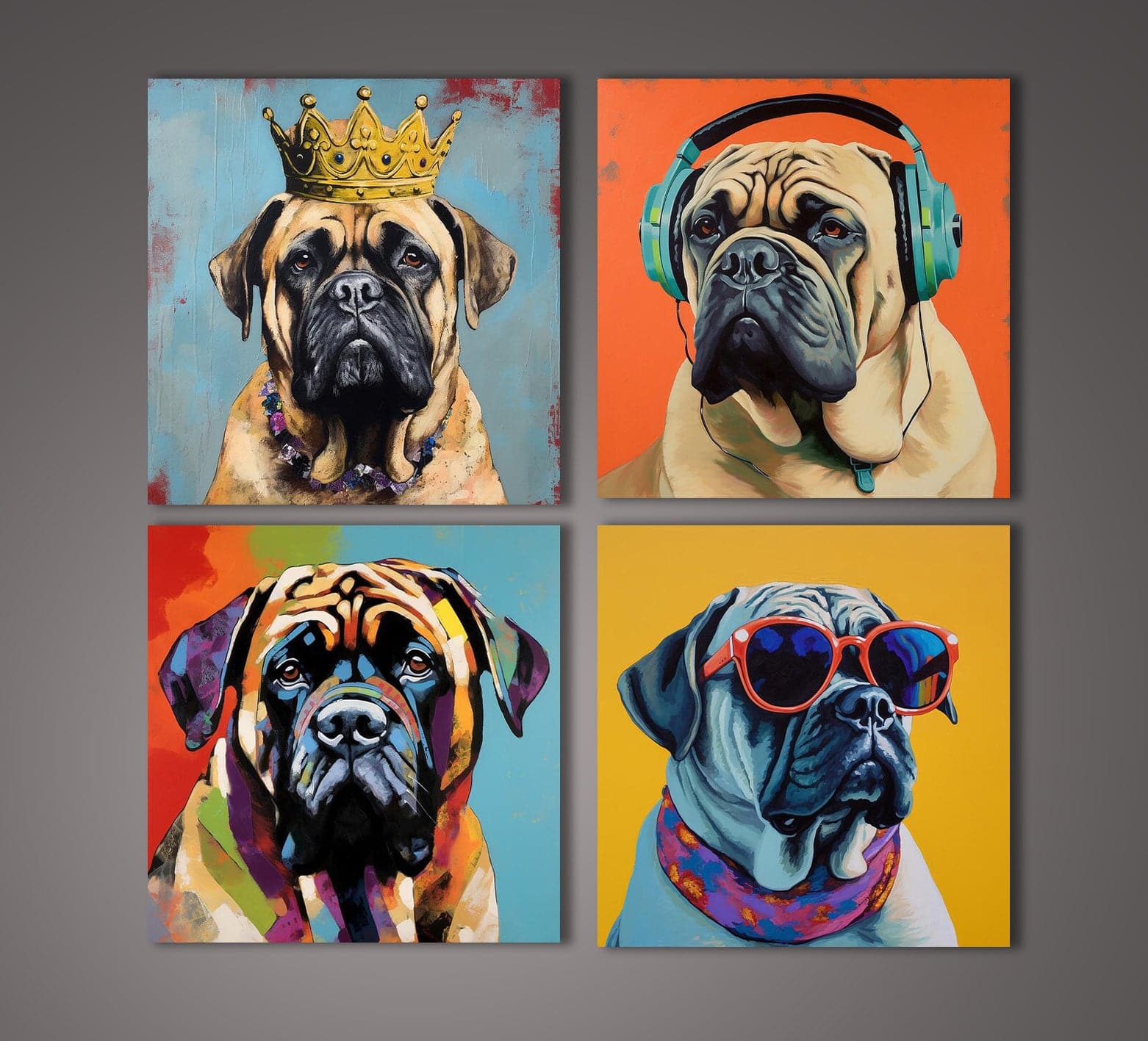 Pine Stretched  Framed 4 Panels - English Mastiff