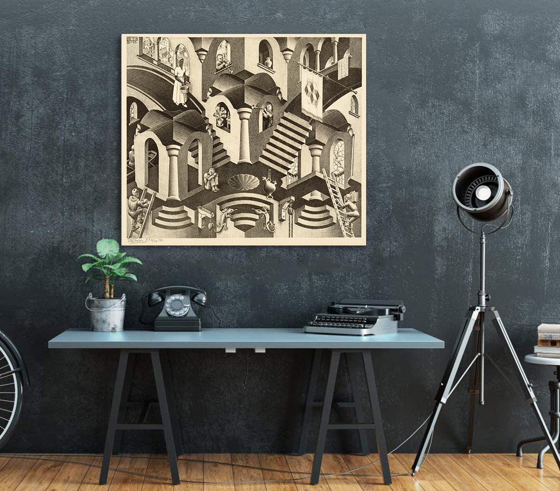 Minimalist Black and White Canvas Wall Art Print | Home Decor | Stretched 1 Panel - Art by Maurits Cornelis Escher