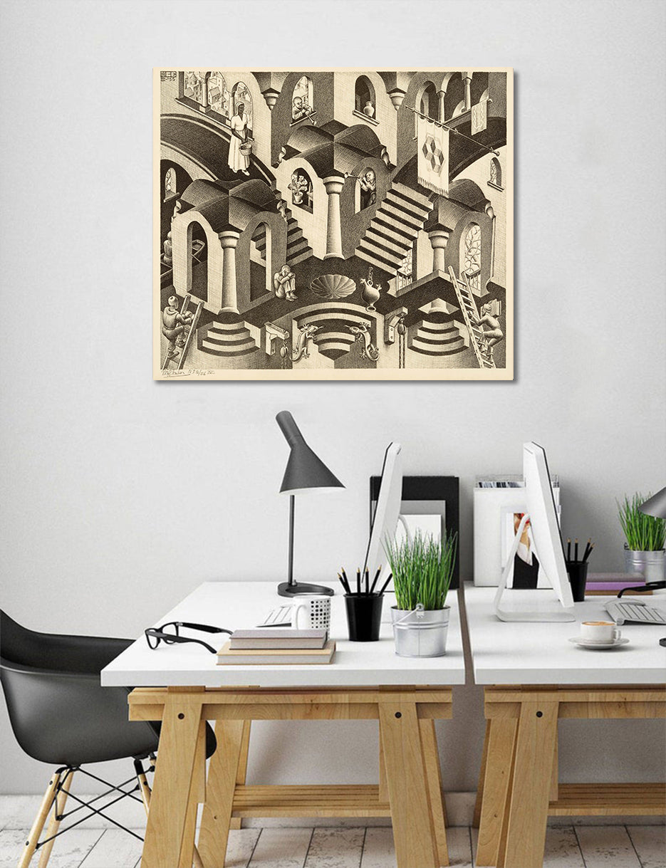 Minimalist Black and White Canvas Wall Art Print | Home Decor | Stretched 1 Panel - Art by Maurits Cornelis Escher