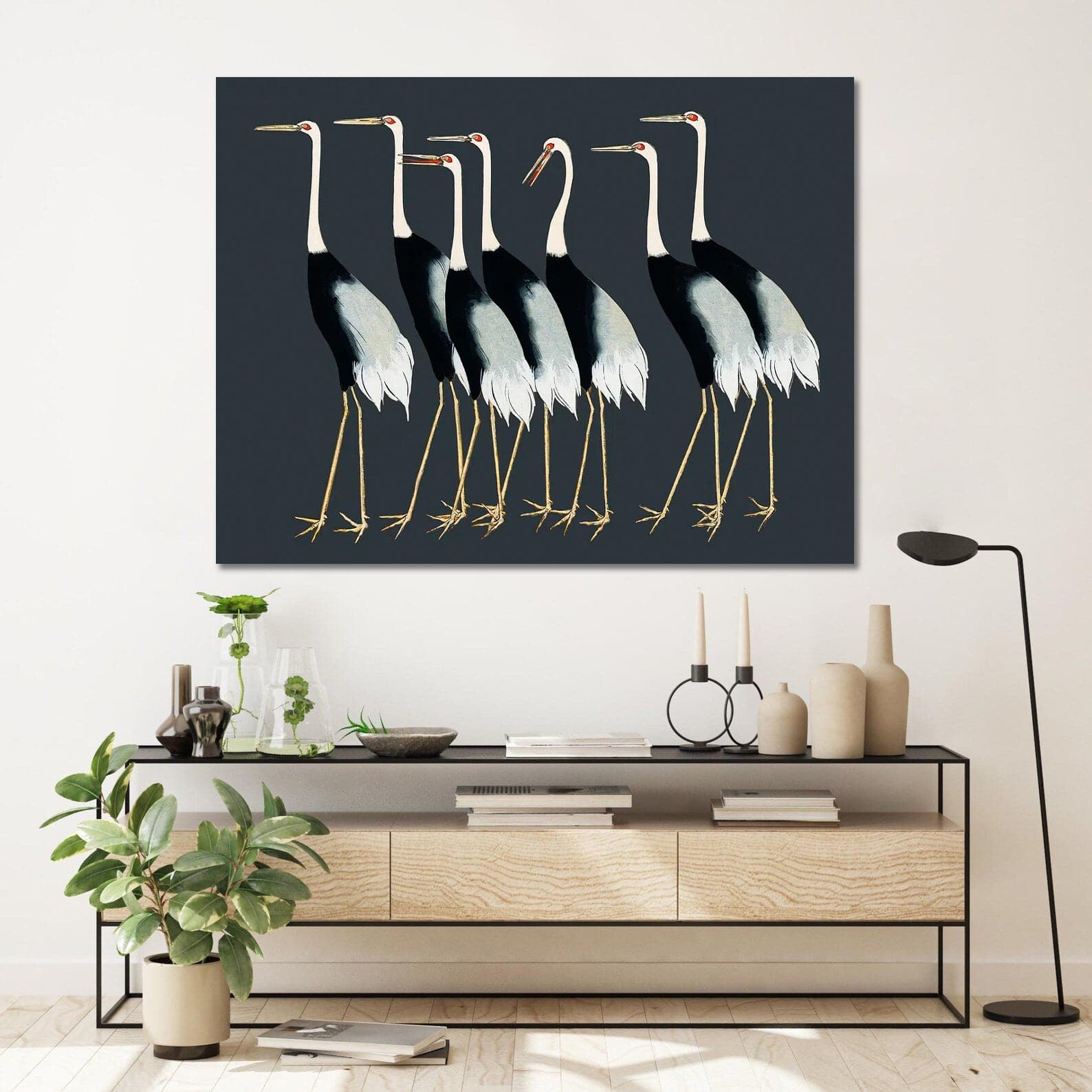 Pine Stretched  Framed 1 Panel - Japanese red crown crane by Ogata Korin