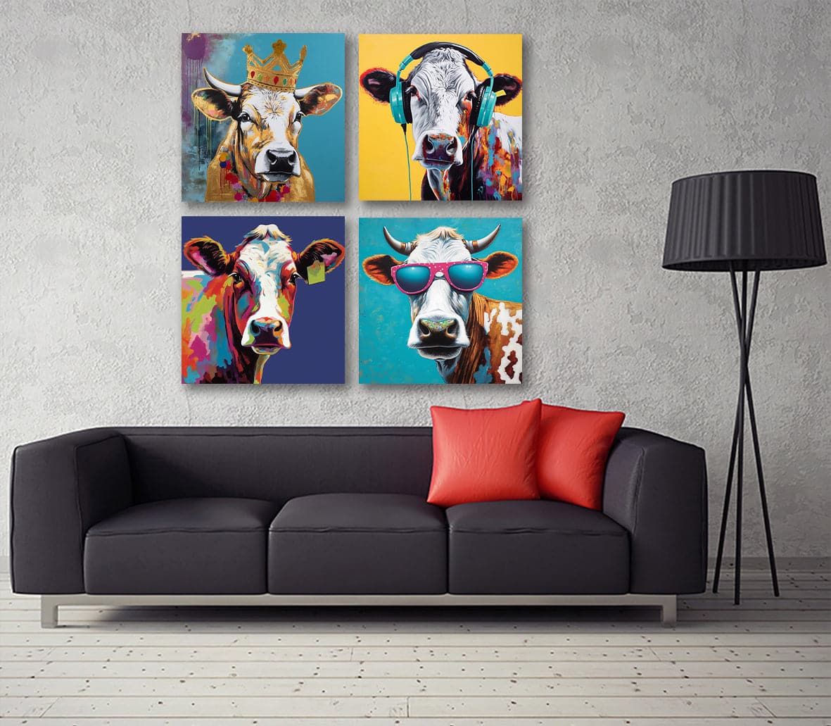 Framed 4 Panels - Cow