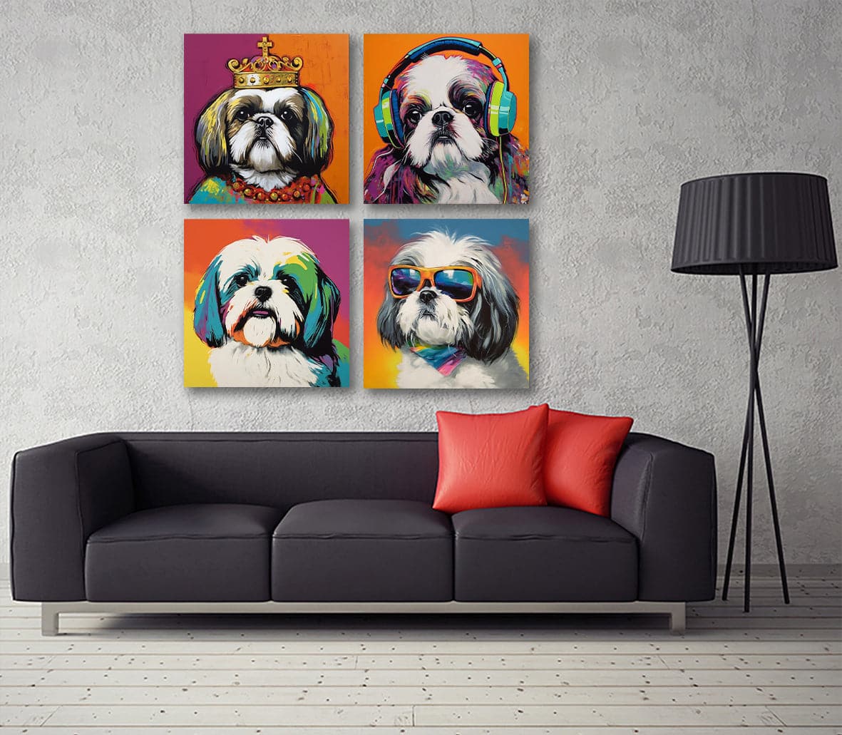 Pine Stretched  Framed 4 Panels - Shih Tzu