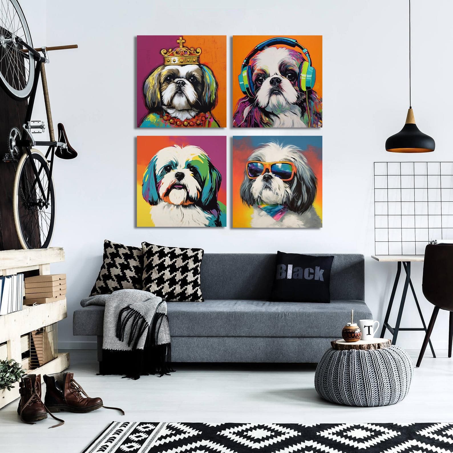 Pine Stretched  Framed 4 Panels - Shih Tzu