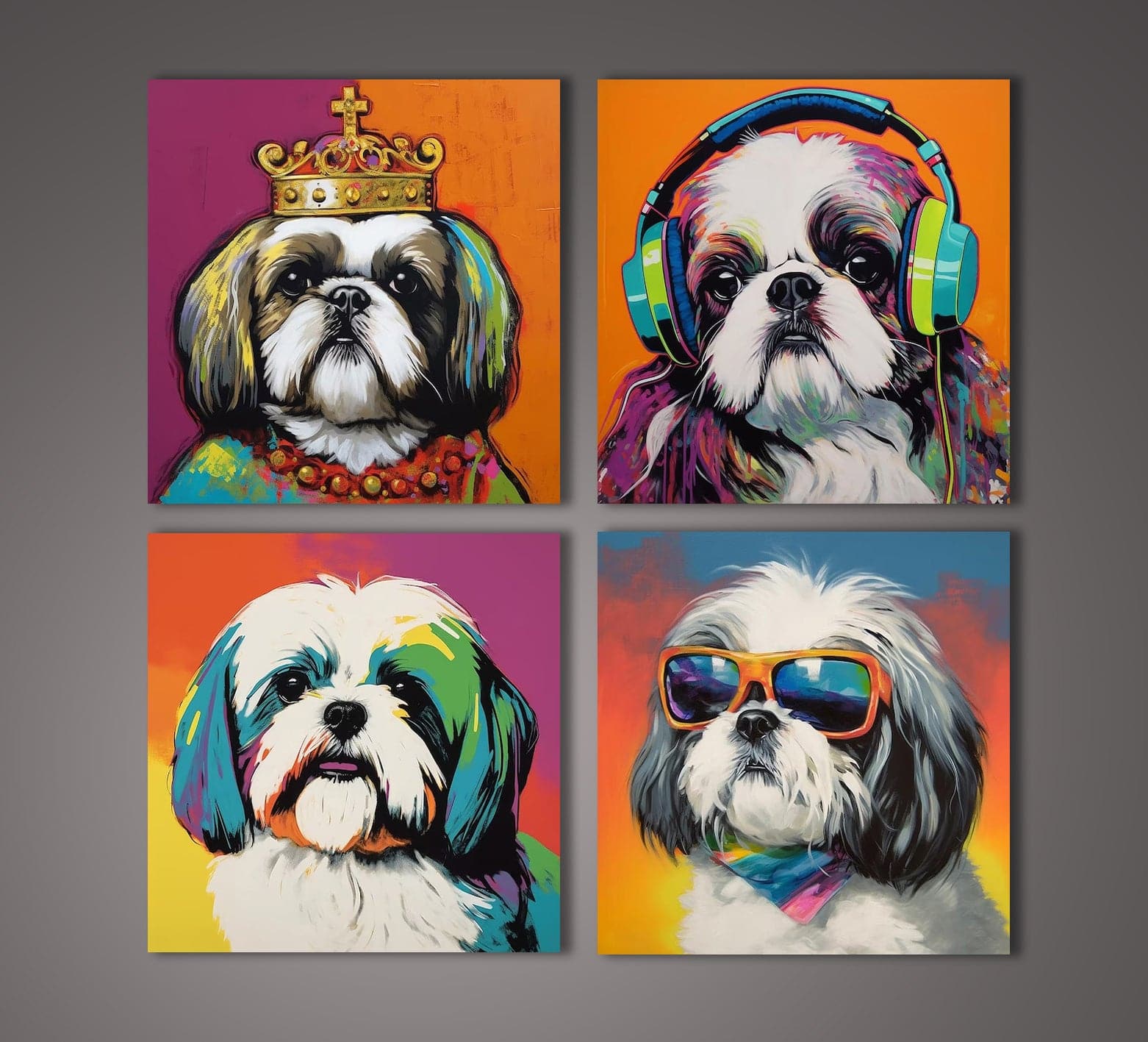 Pine Stretched  Framed 4 Panels - Shih Tzu