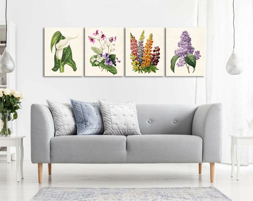 Framed 4 Panels - White Calla Lily, African Violets Printable, Multi-Color-Lupine, Purple-Lilacs