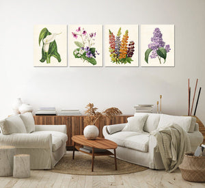 Framed 4 Panels - White Calla Lily, African Violets Printable, Multi-Color-Lupine, Purple-Lilacs