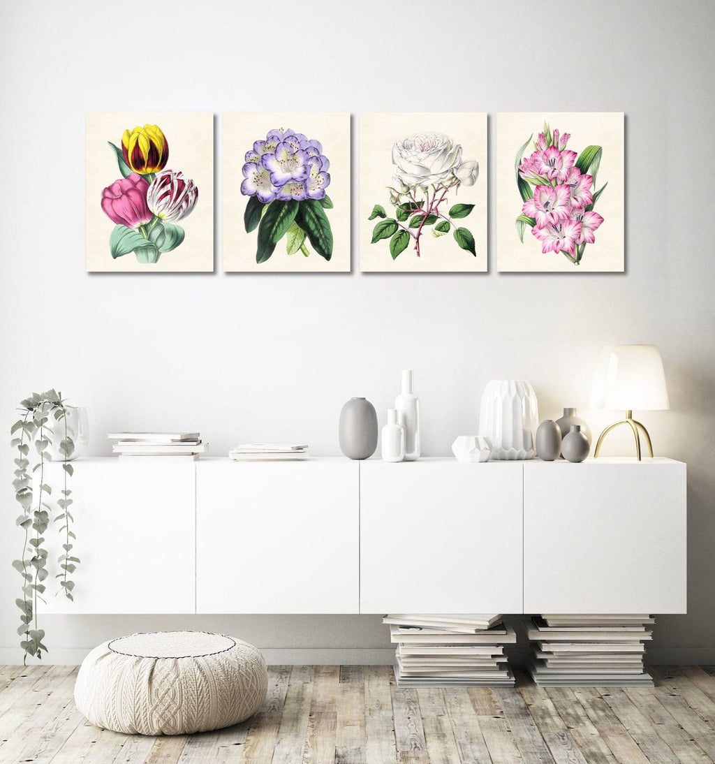 4 Panels - Tulip, Lavender and White Rhododendron, White and Blush Pink Tea Rose, Pink and White Gladiolus