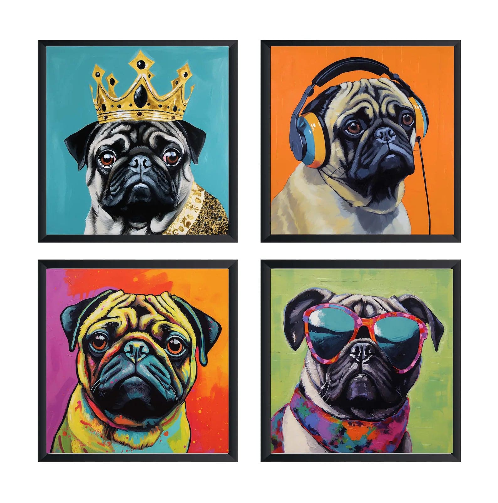 Framed 4 Panels - Pug