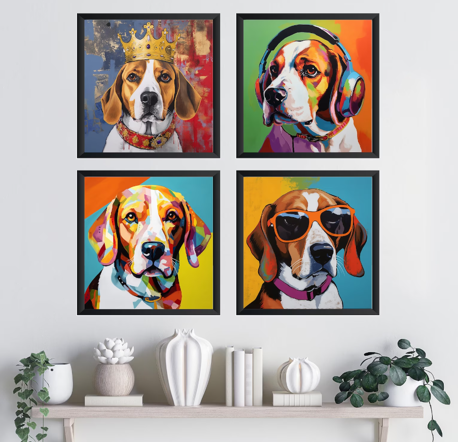 Pine Stretched  Framed 4 Panels - Beagle
