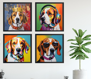 Pine Stretched  Framed 4 Panels - Beagle