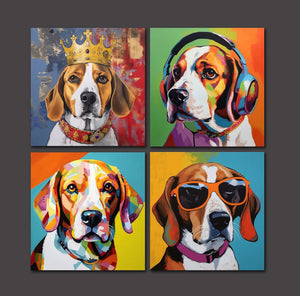 Pine Stretched  Framed 4 Panels - Beagle