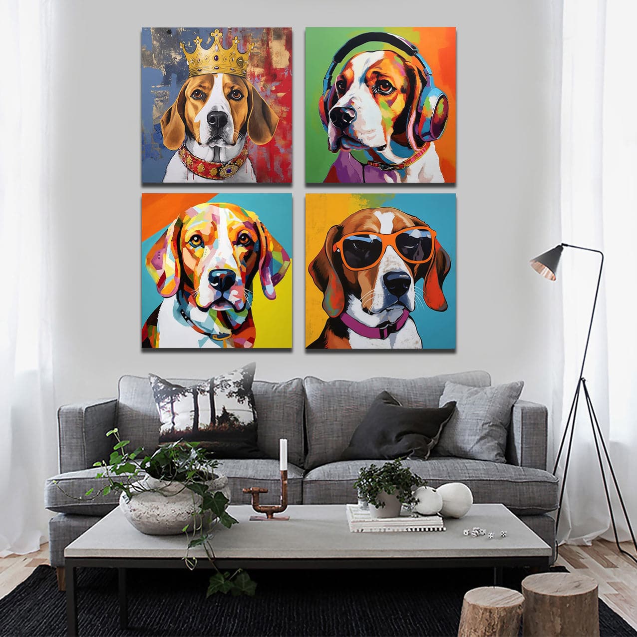 Pine Stretched  Framed 4 Panels - Beagle