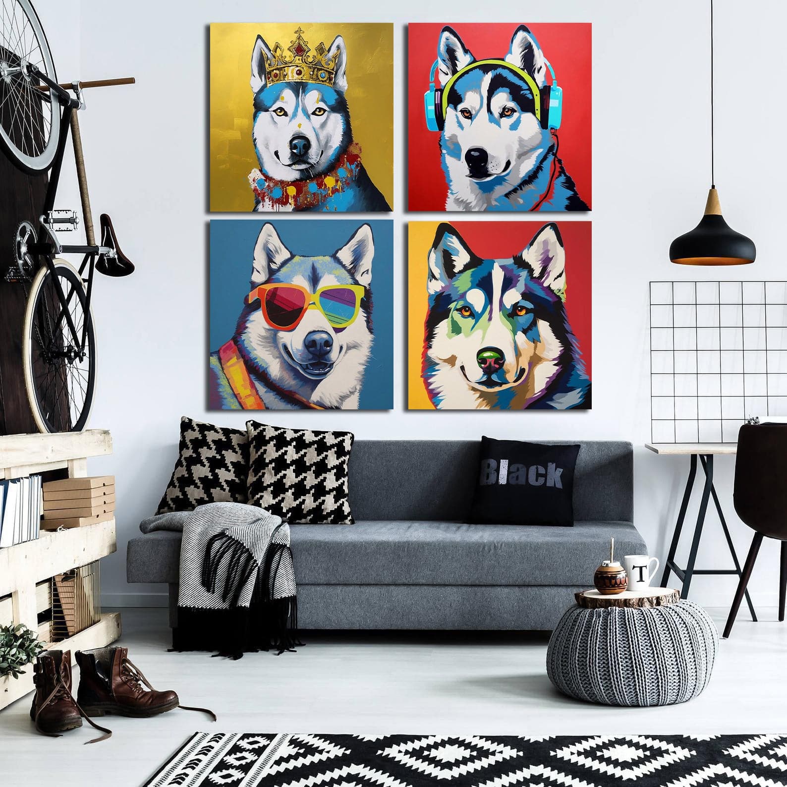 Pine Stretched  Framed 4 Panels - Siberian Husky