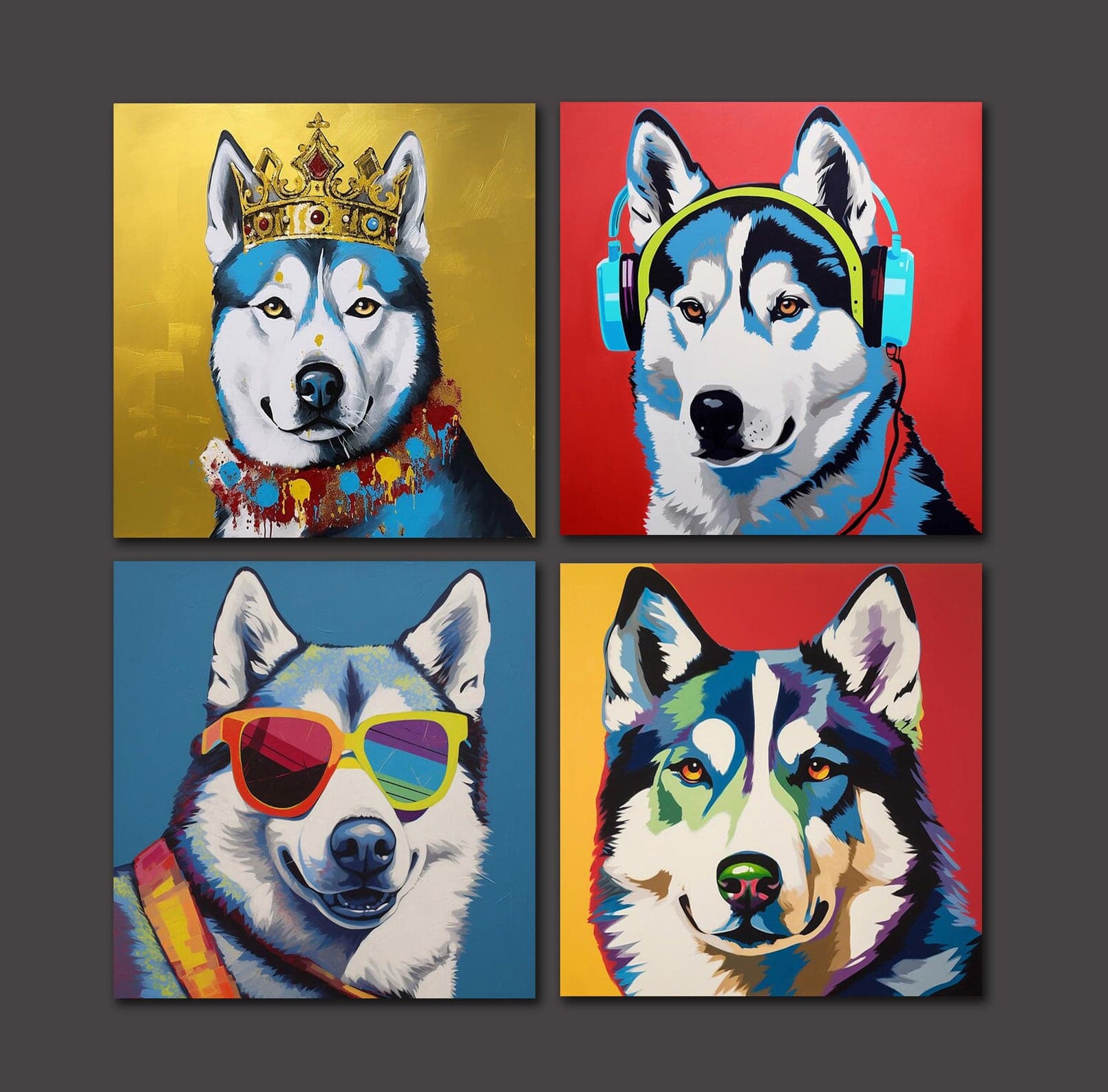 Pine Stretched  Framed 4 Panels - Siberian Husky