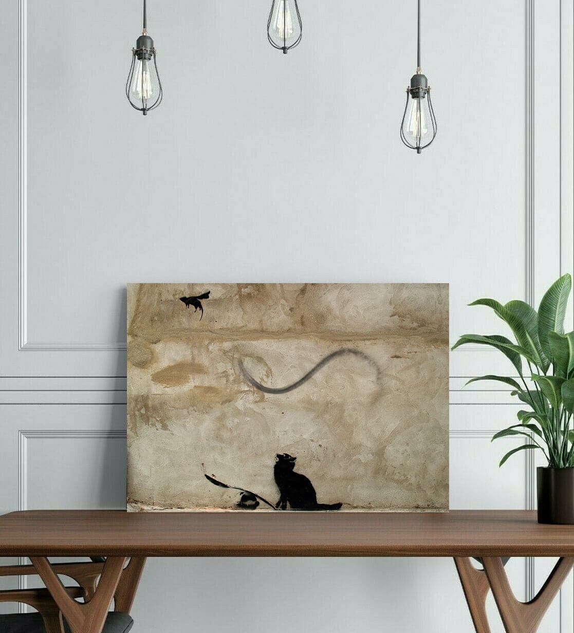 Pine Stretched  Framed 1 Panel - Banksy -Cat and Mouse