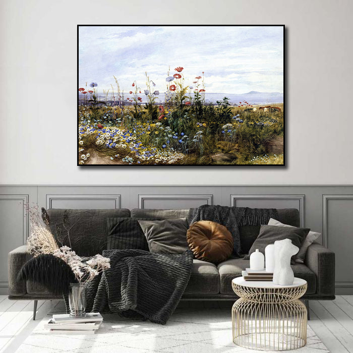 Canvas Wall Art, Classic Fine Art Stretched 1 Panel - Wildflowers with a View of Dublin by Andrew Nicholl