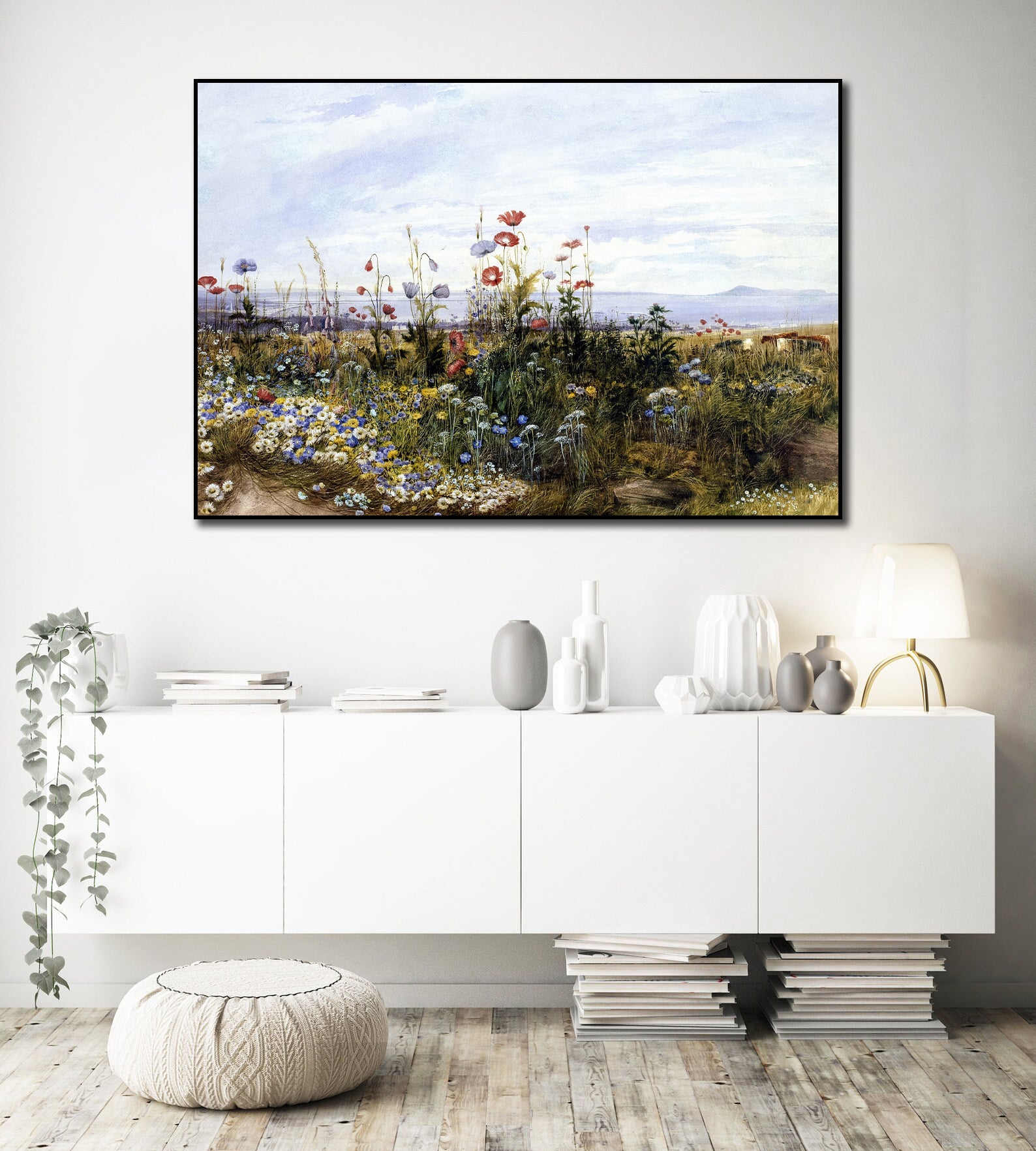 Canvas Wall Art, Classic Fine Art Stretched 1 Panel - Wildflowers with a View of Dublin by Andrew Nicholl