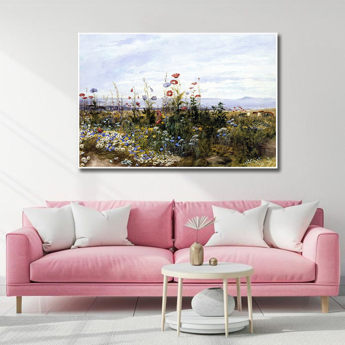 Canvas Wall Art, Classic Fine Art Stretched 1 Panel - Wildflowers with a View of Dublin by Andrew Nicholl