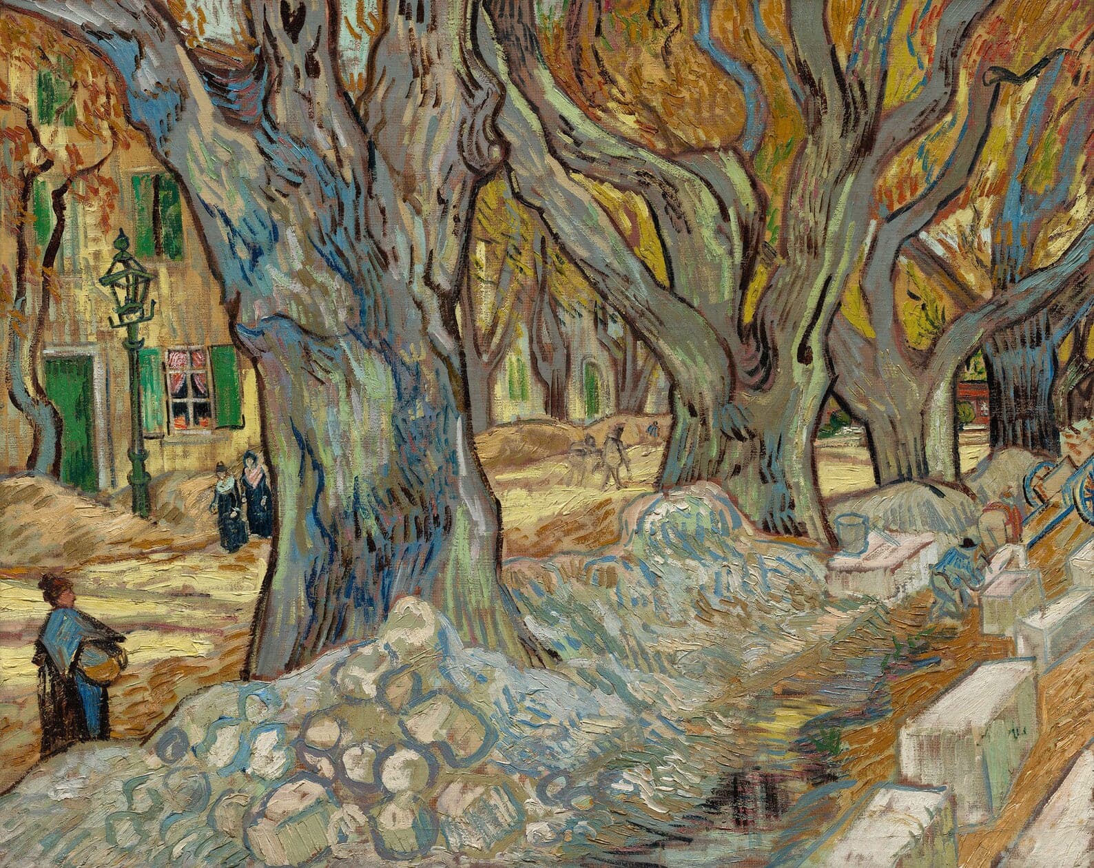 Pine Stretched  Framed 1 Panel - The Large Plane Trees (Road Menders at Saint-Remy) (1889) by Vincent van Gogh