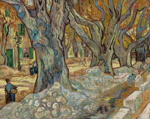 Pine Stretched  Framed 1 Panel - The Large Plane Trees (Road Menders at Saint-Remy) (1889) by Vincent van Gogh