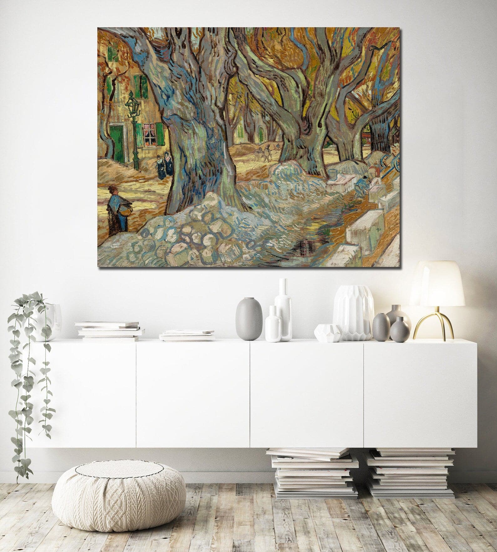 Pine Stretched  Framed 1 Panel - The Large Plane Trees (Road Menders at Saint-Remy) (1889) by Vincent van Gogh