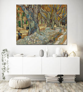 Pine Stretched  Framed 1 Panel - The Large Plane Trees (Road Menders at Saint-Remy) (1889) by Vincent van Gogh