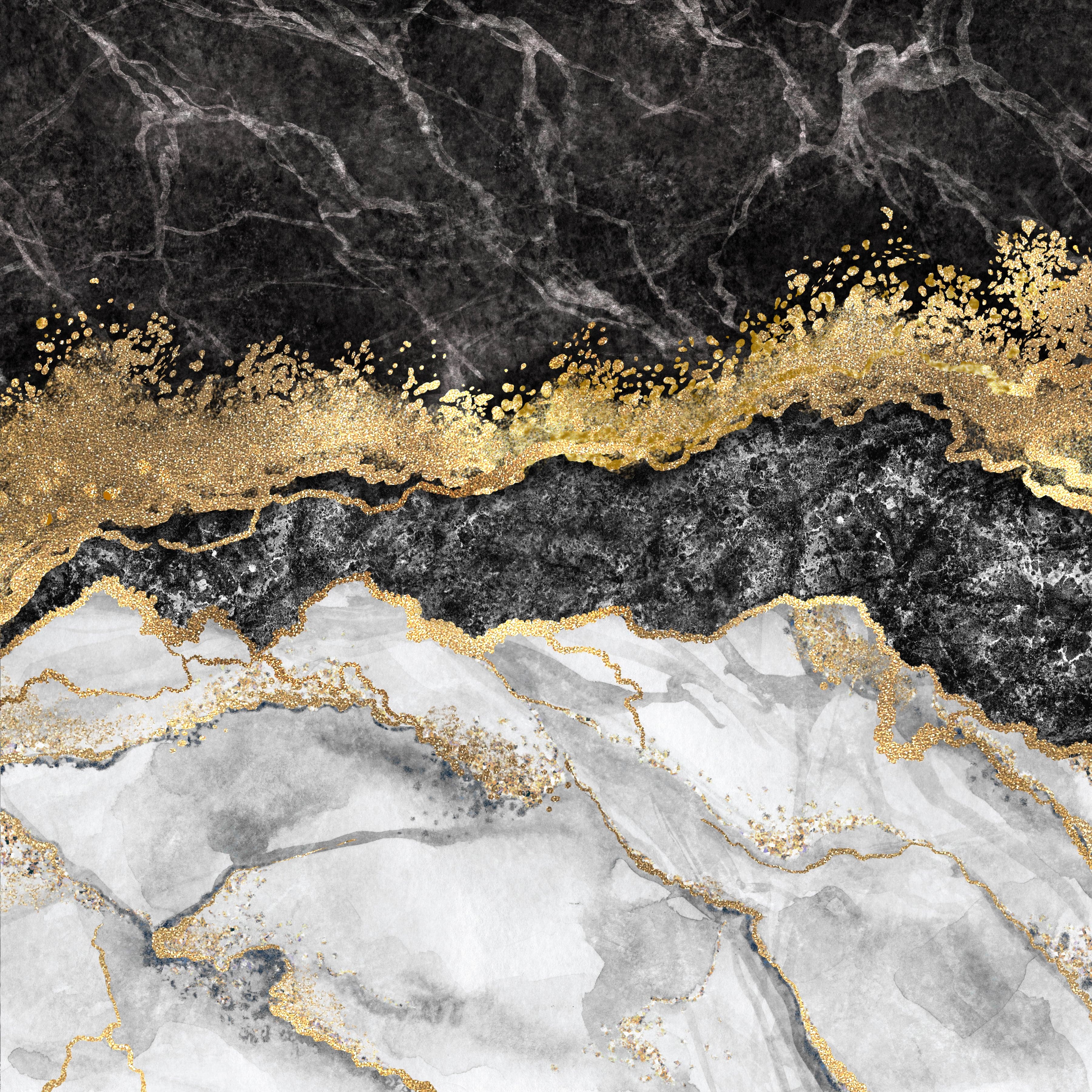 Pine Stretched  Framed 1 Panel - Abstract - Black Marble with Gold Foil and Glitter