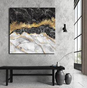 Pine Stretched  Framed 1 Panel - Abstract - Black Marble with Gold Foil and Glitter